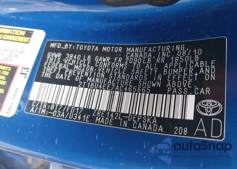 2010 Toyota Corolla S z USA, uszkodzony, nr VIN 2T1BU4EE7AC465665